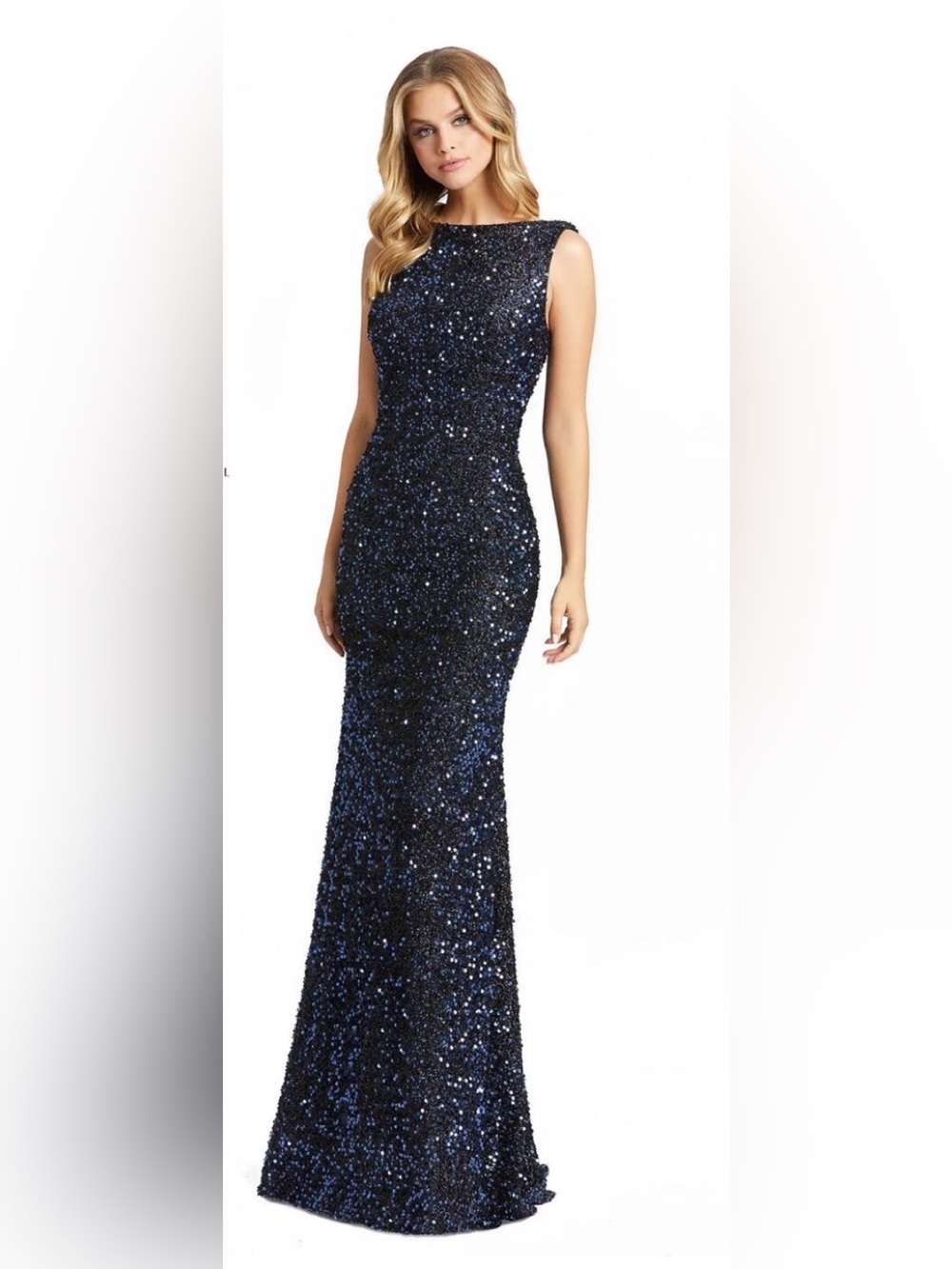 Ieena For Mac Duggal Navy Blue Sleeveless Sequined Evening Gown